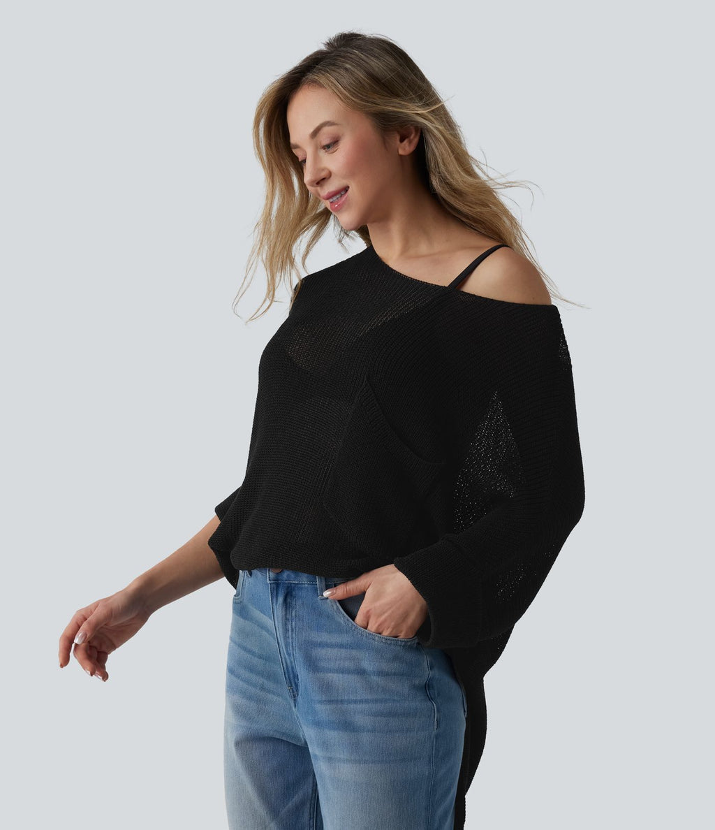 Pull décontracté oversize asymétrique demi-manches ourlet fendu avec poche
