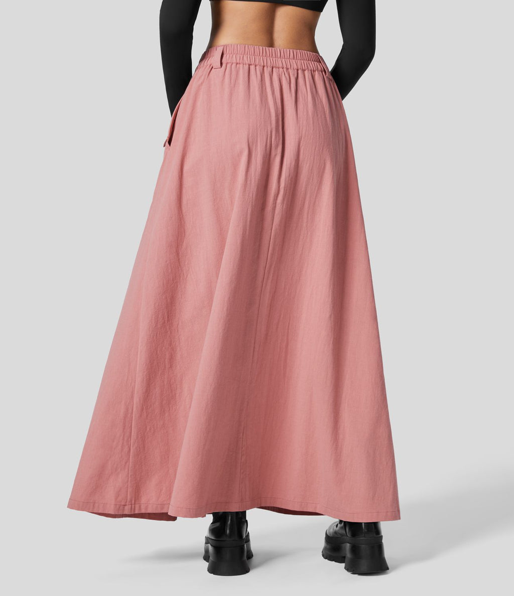Jupe Casual Maxi Évasée à Taille Haute avec Plis et Poches Latérales Effet Lin