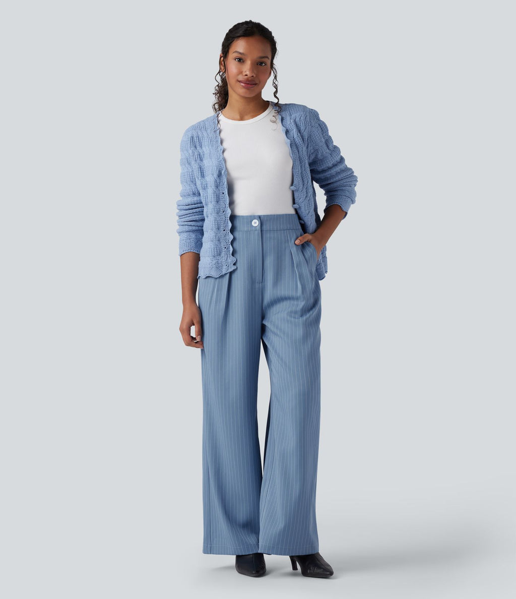 Pantalon Tailleur Large Fluide à Rayures, Taille Haute, Bouton et Fermeture Éclair, Poches Latérales