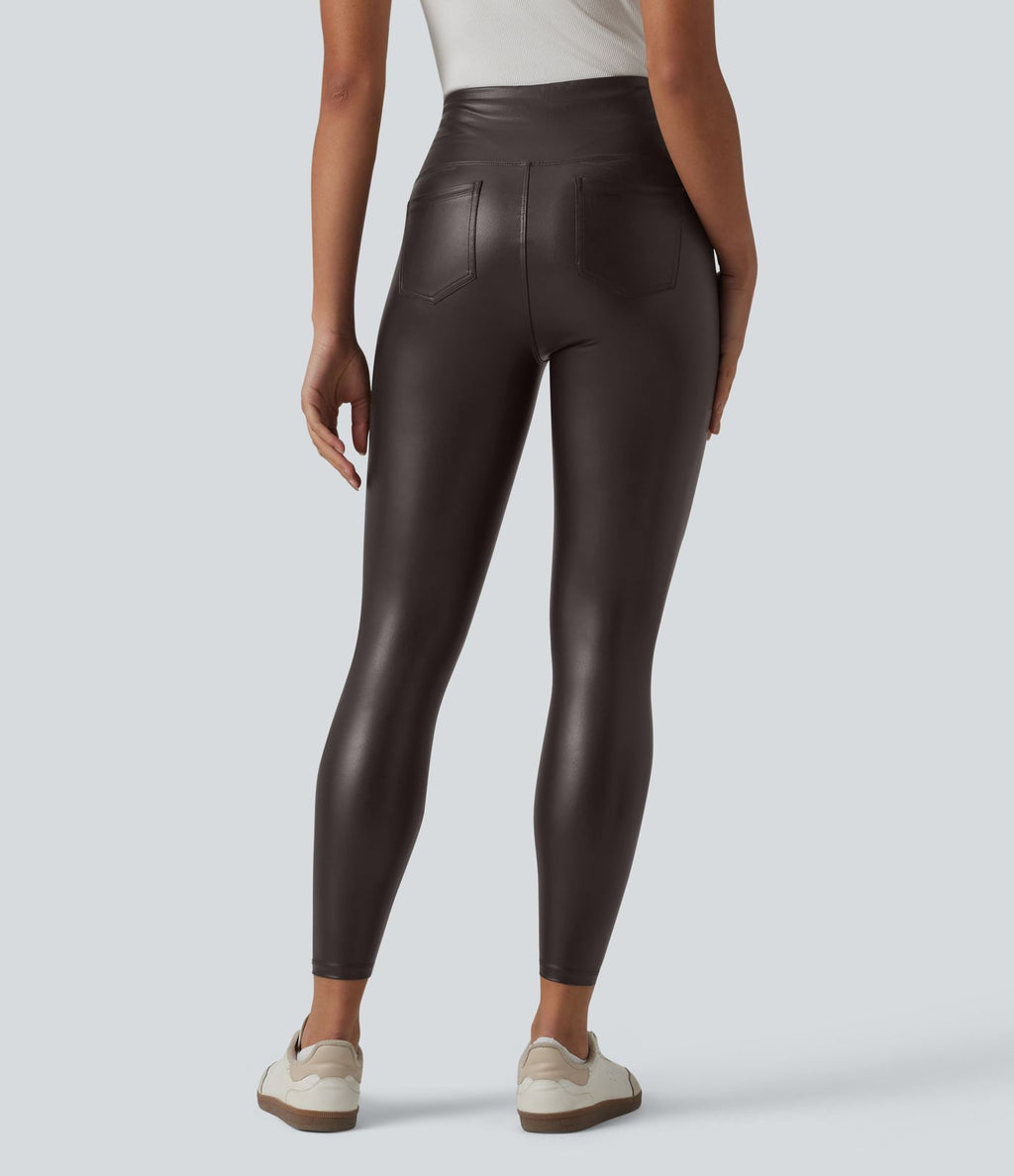 Legging casual 7/8 taille haute ventre plat en similicuir extensible, avec poches