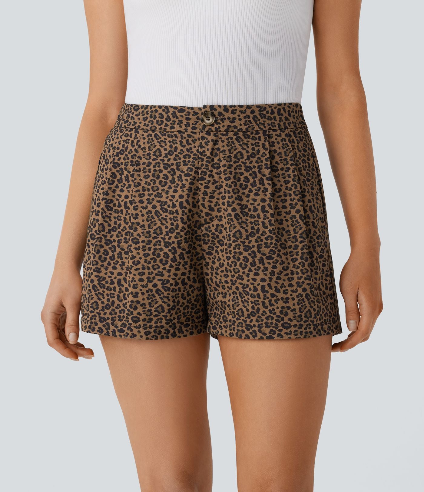 Short en coton décontracté taille haute, poches latérales et imprimé léopard