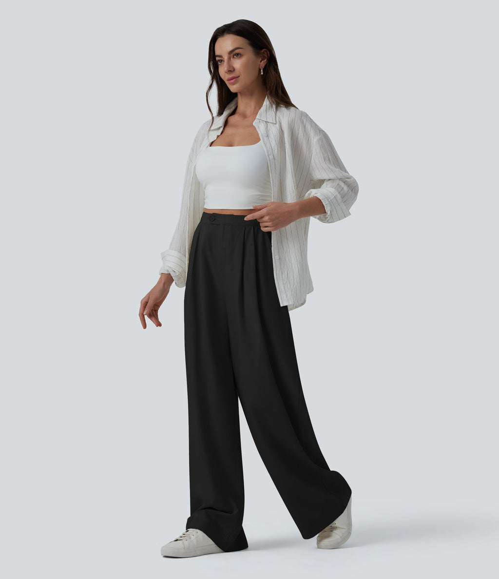 Pantalon large fluide casual taille haute plissé drapé en lin avec poches