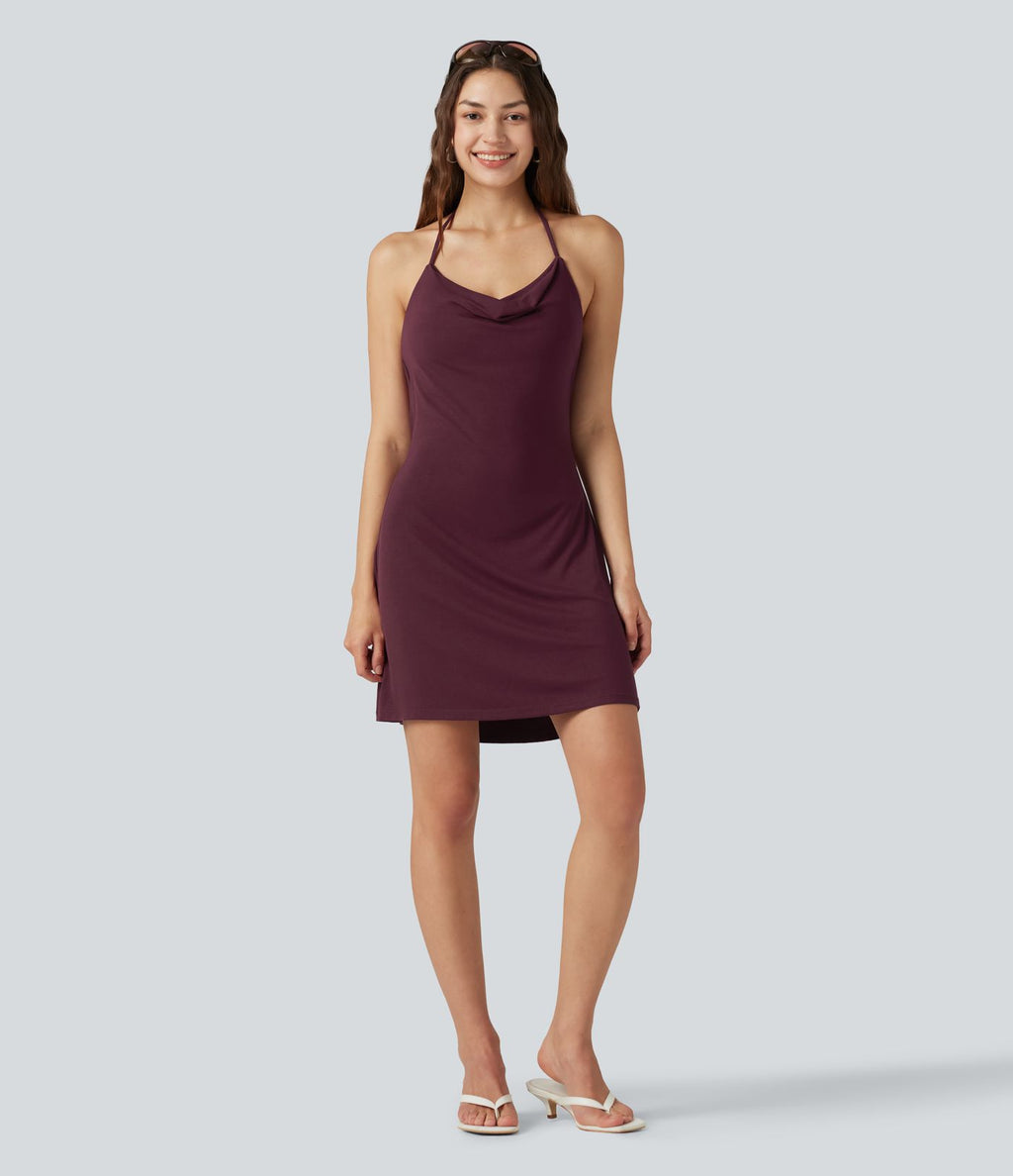 Robe mini côtelée dos nu à col halter, encolure drapée et coussinets amovibles