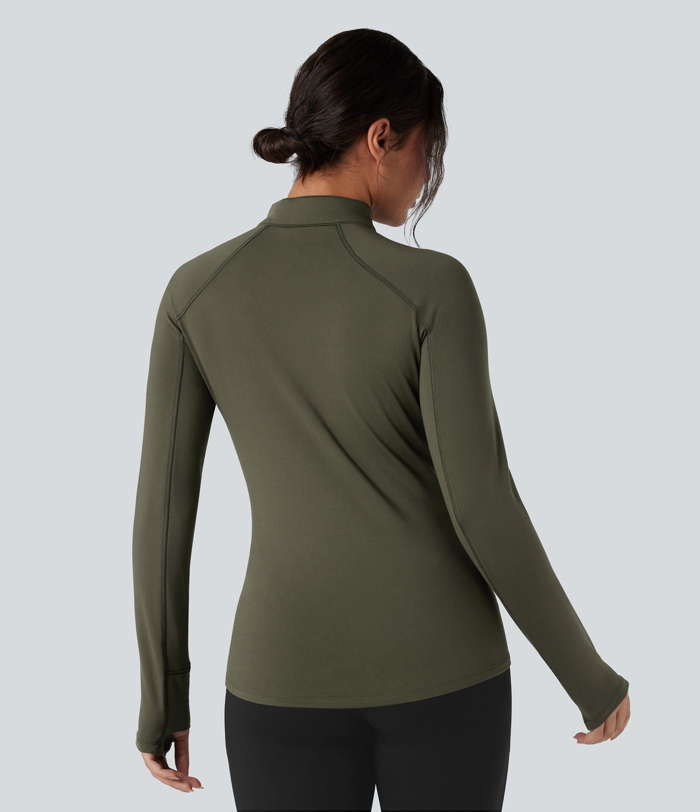 Top de sport randonnée polaire col montant demi-zip manches longues avec trous pouces