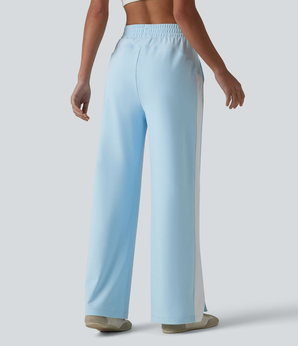 DayStretch Pantalon droit de yoga taille haute cordon de serrage rayures color block fentes latérales avec poches