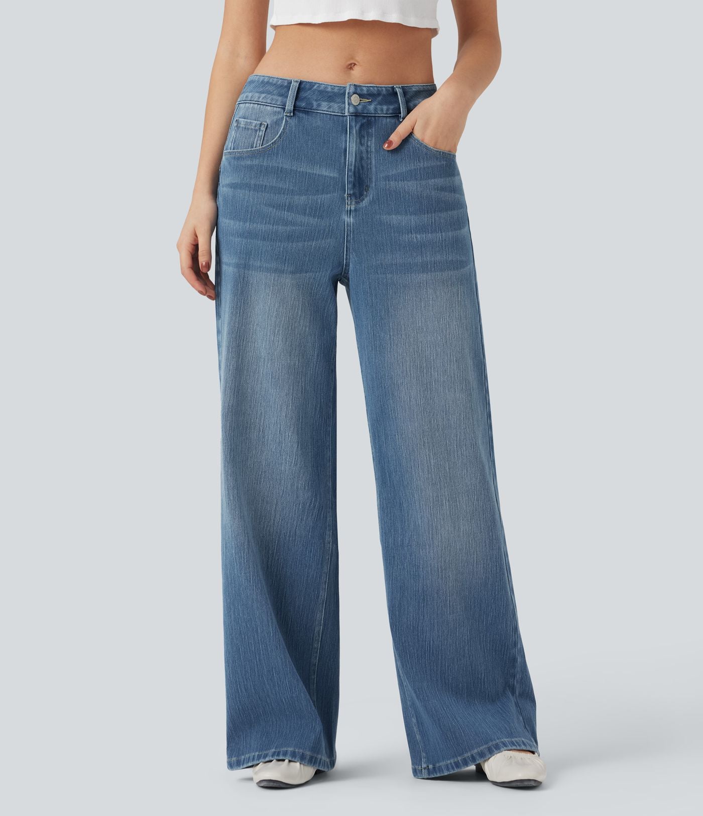 Jean large délavé Halara Flex™ taille mi-haute avec poches