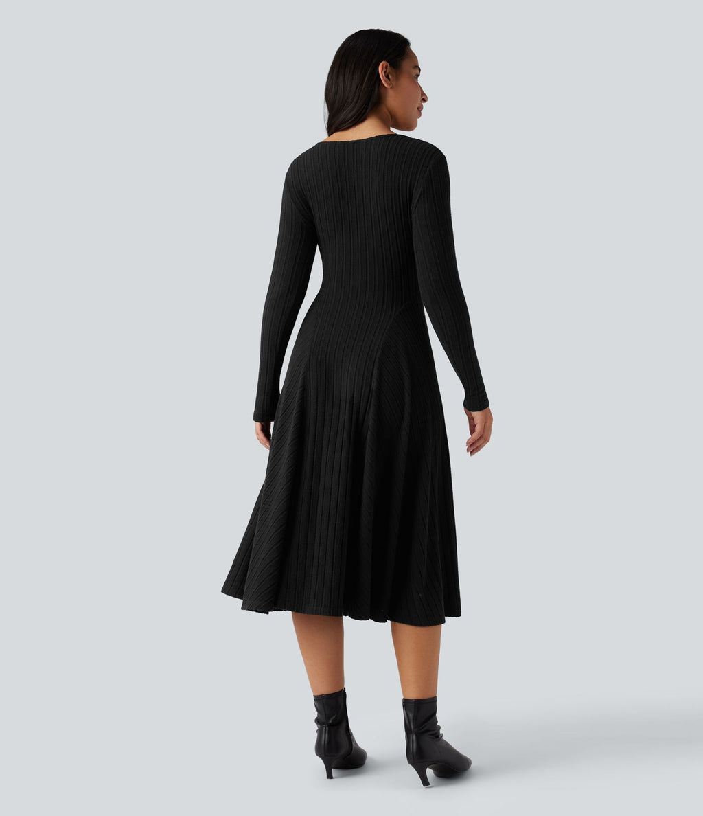 Robe mi-longue évasée maille côtelée à décolleté en V et manches longues