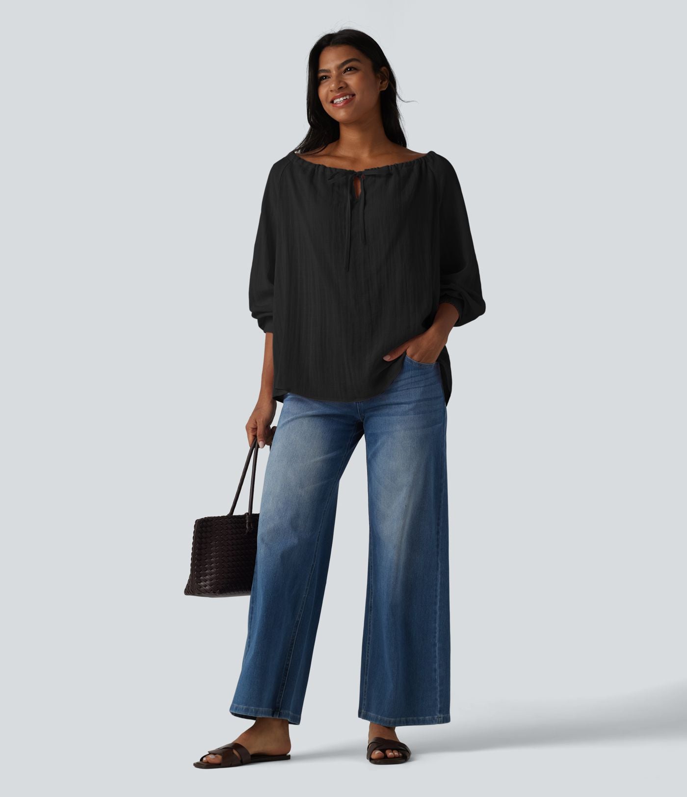 Blouse casual oversize aspect lin à épaules dénudées, lien noué et manches longues