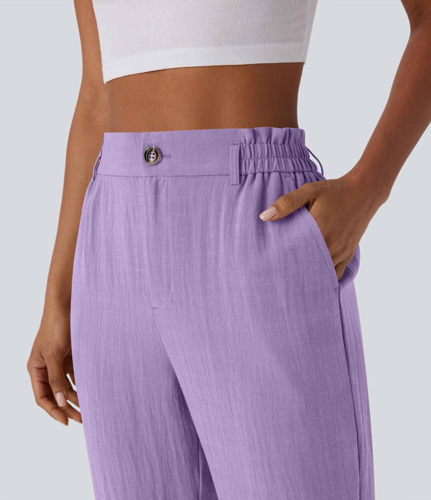Pantalon capri effet lin taille haute avec poches zippées