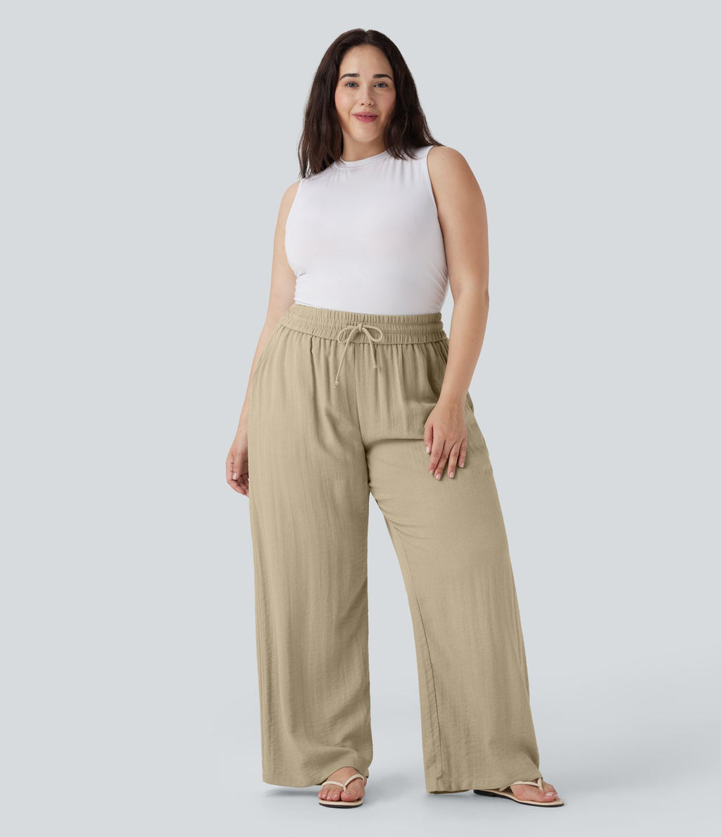 Pantalon décontracté grande taille large fluide taille haute effet lin avec cordon de serrage et poches