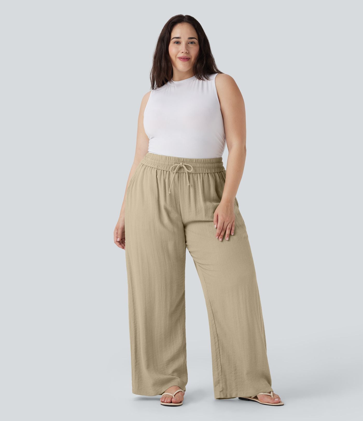 Pantalon décontracté grande taille large fluide taille haute effet lin avec cordon de serrage et poches