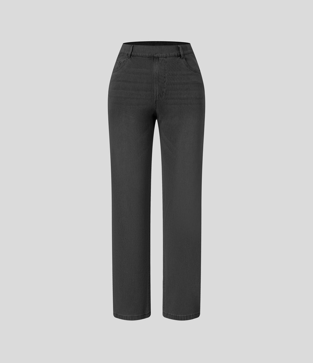 Jean droit Halara Flex™ à taille haute, poches multiples, effet délavé et tissu extensible
