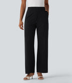 Pantalon tailleur rayé taille haute jambe droite avec poches