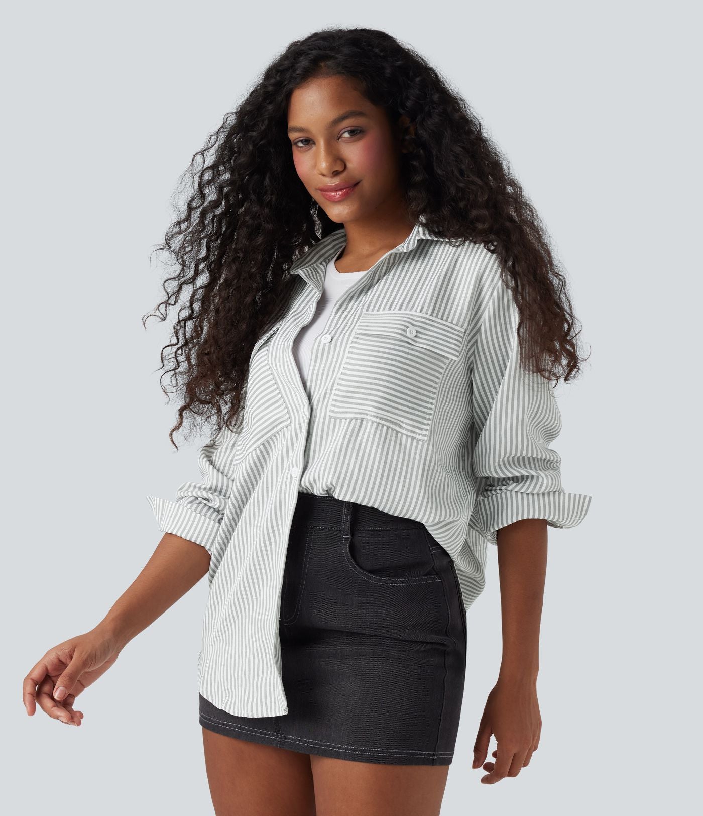 Chemise décontractée manches longues à rayures ourlet arrondi