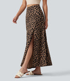 Jupe casual maxi gaufrée léopard taille haute gainante à poche