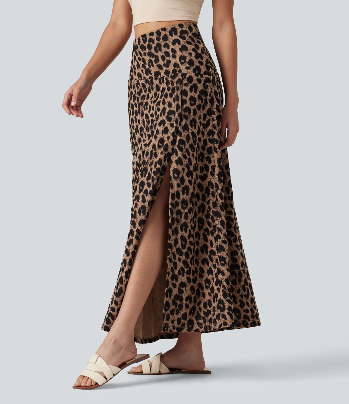Jupe casual maxi gaufrée léopard taille haute gainante à poche