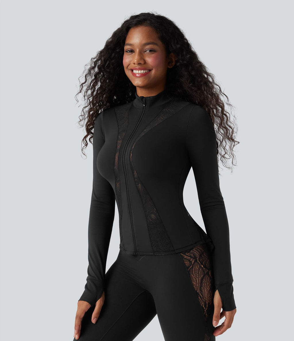 Veste ajustée yoga SoftlyZero™ dentelle contrastante avec trous pouces-UPF50+