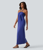 Robe longue dos nu col licou avec nœud et poches