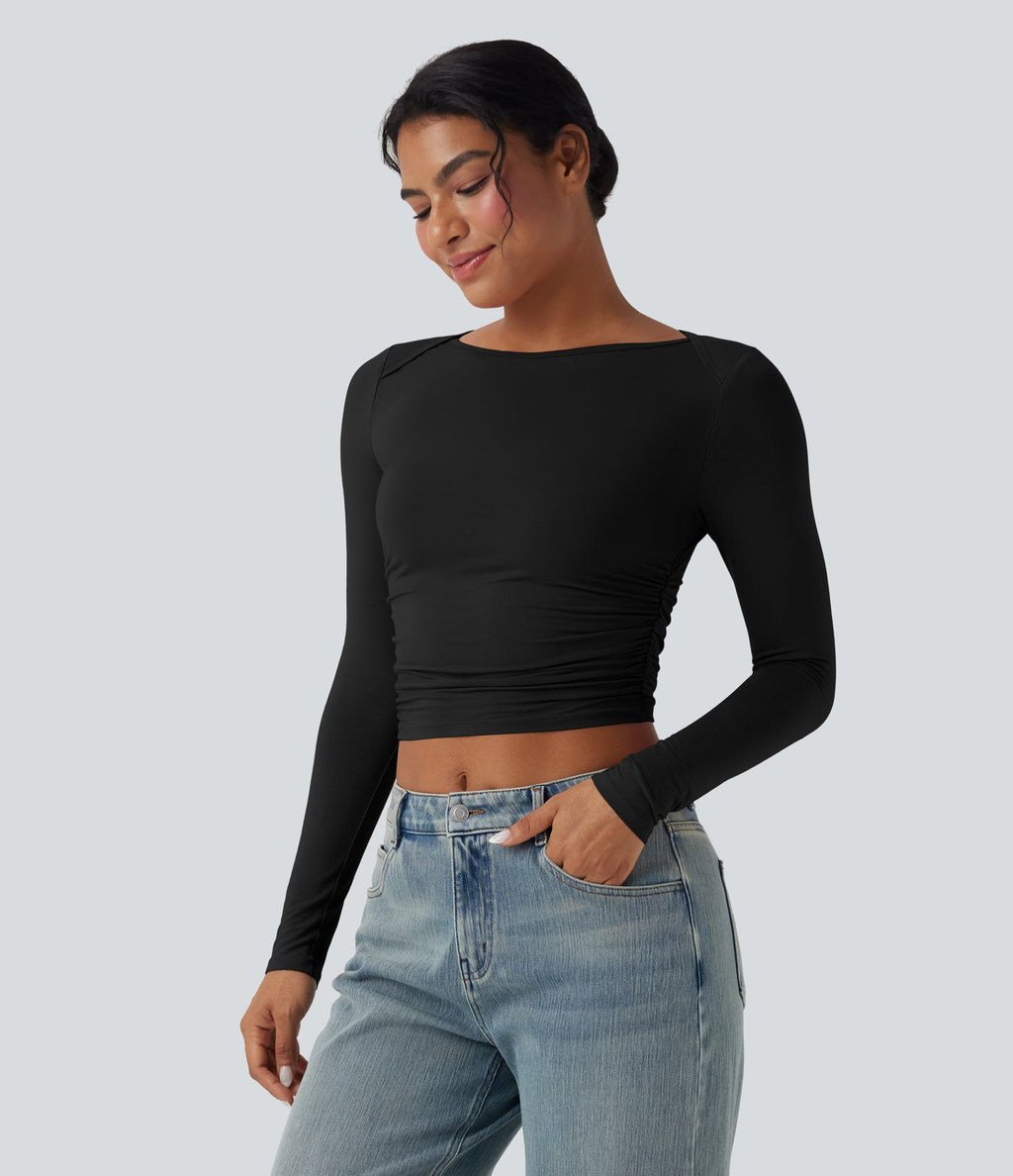 Haut casual crop col bateau manches longues froncé