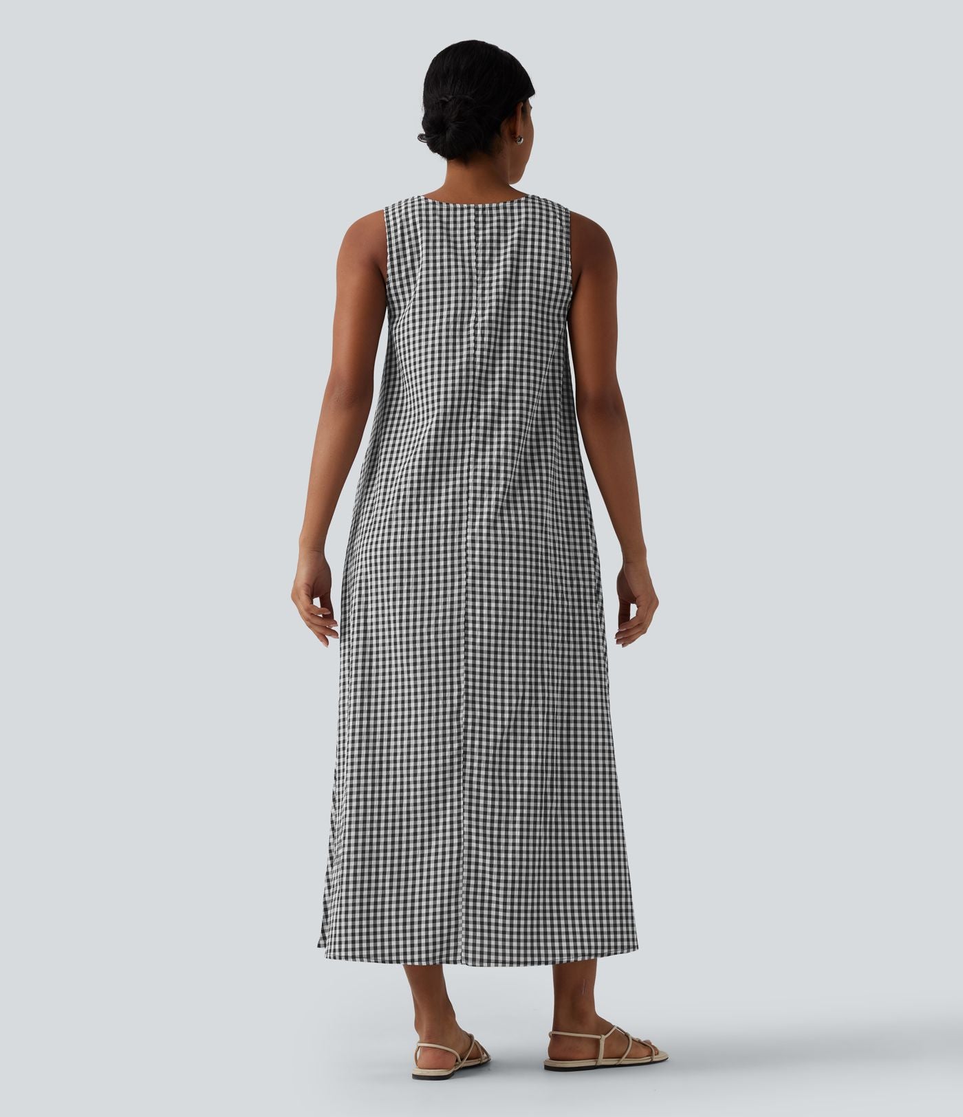 Robe débardeur midi décontractée col rond sans manches en vichy froissé avec poches