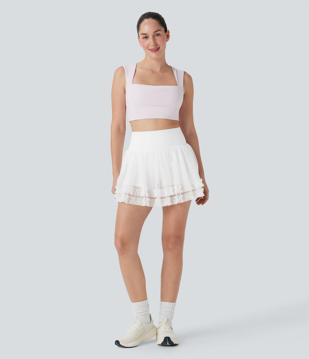Jupe-short de danse courte 2-en-1 gainante taille haute avec empiècements résille contrastés et poches