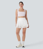 Jupe-short de danse courte 2-en-1 gainante taille haute avec empiècements résille contrastés et poches