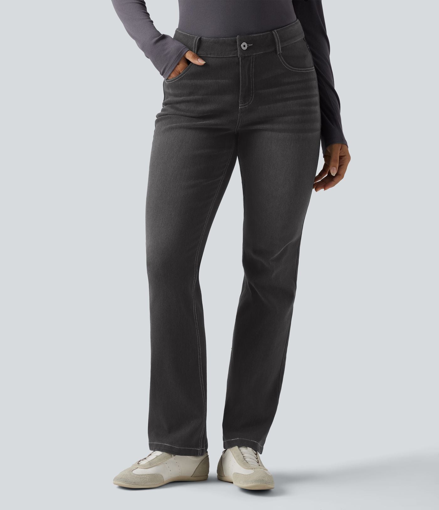 Jean bootcut délavé Halara Flex™ taille basse avec bouton, fermeture éclair et poches multiples