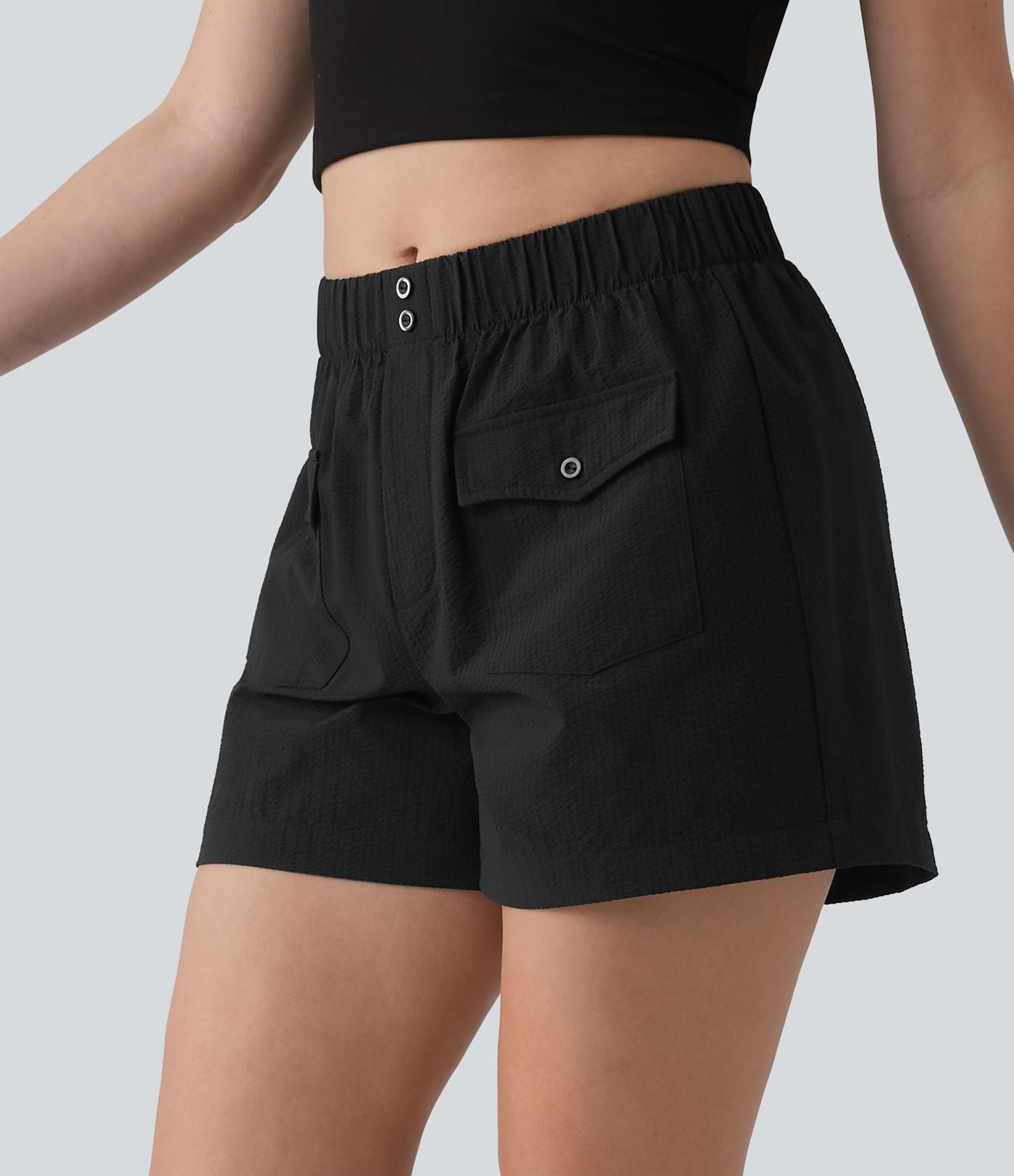 Short casual ample séchage rapide taille mi-haute aspect froissé avec poches à rabat