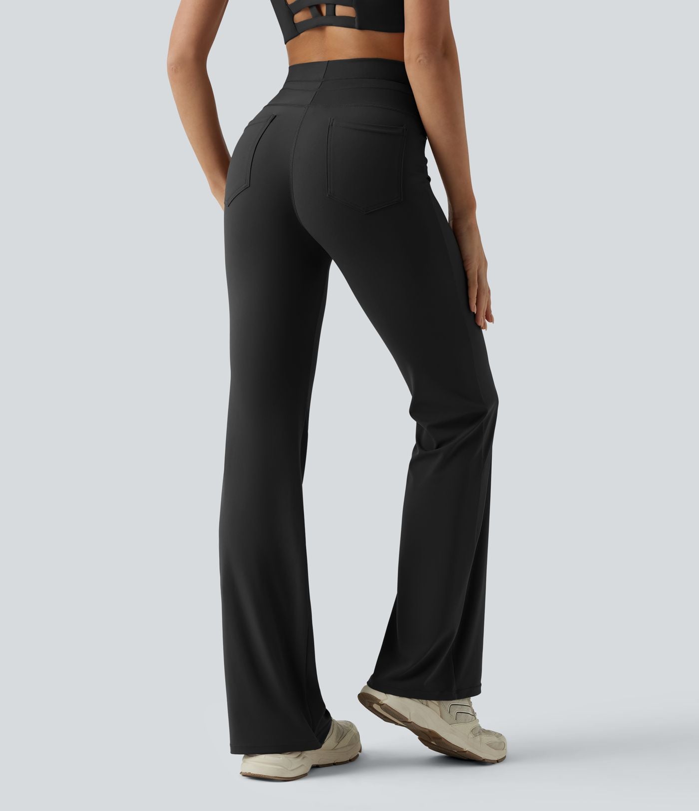Pantalon de yoga évasé taille haute avec cordon de serrage uni et poches