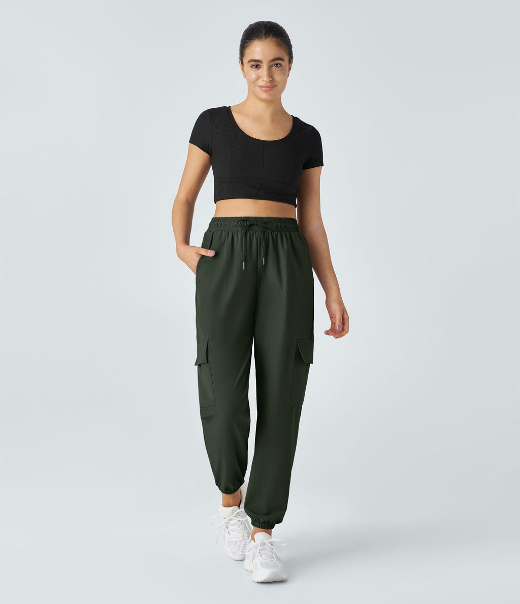 Jogging Cargo Casual à Taille Mi-Haute Cordon de Serrage et Poches Latérales