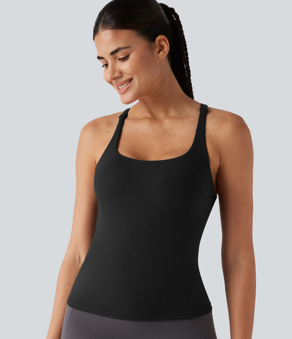 Débardeur de running croisé dos nu, brassière intégrée — version longue — bonnets A à D