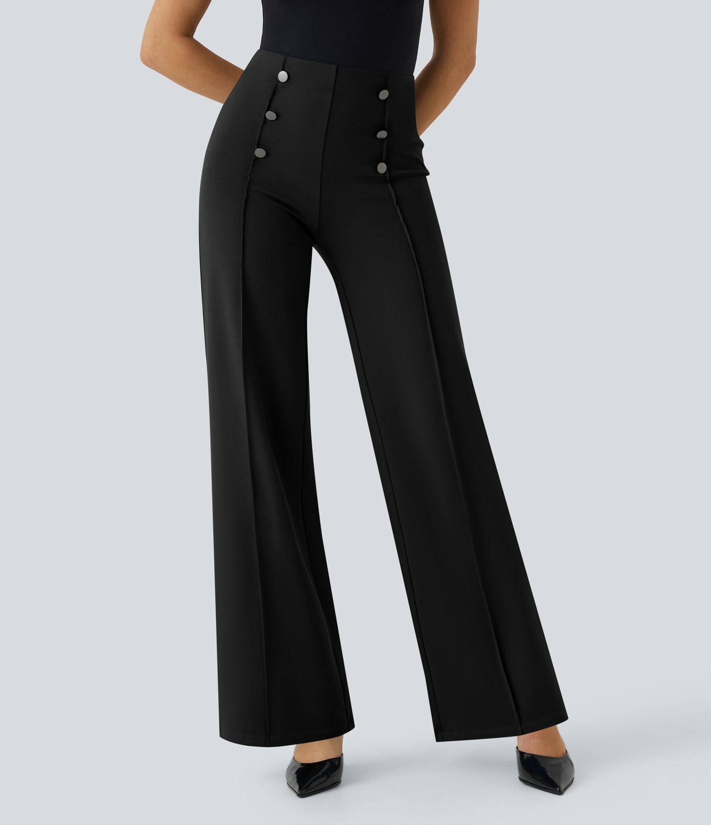 Pantalon Tailleur Large Taille Haute avec Bouton et Poches