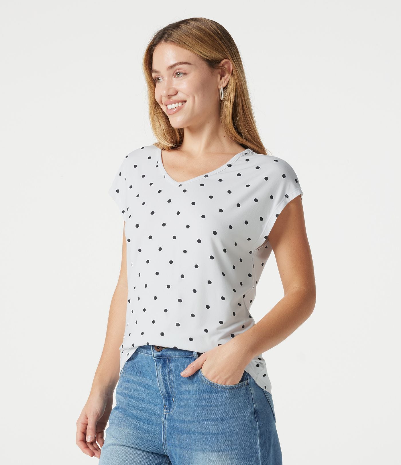 T-shirt casual col V à manches courtes à pois