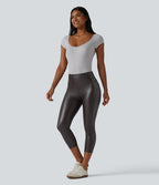 Legging corsaire taille haute ventre plat en similicuir extensible avec poches