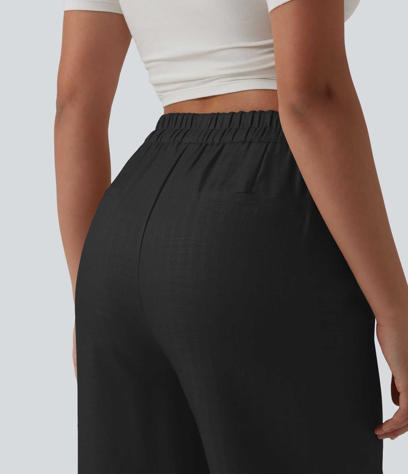Pantalon large fluide décontracté en lin mélangé taille haute avec cordon de serrage et poches