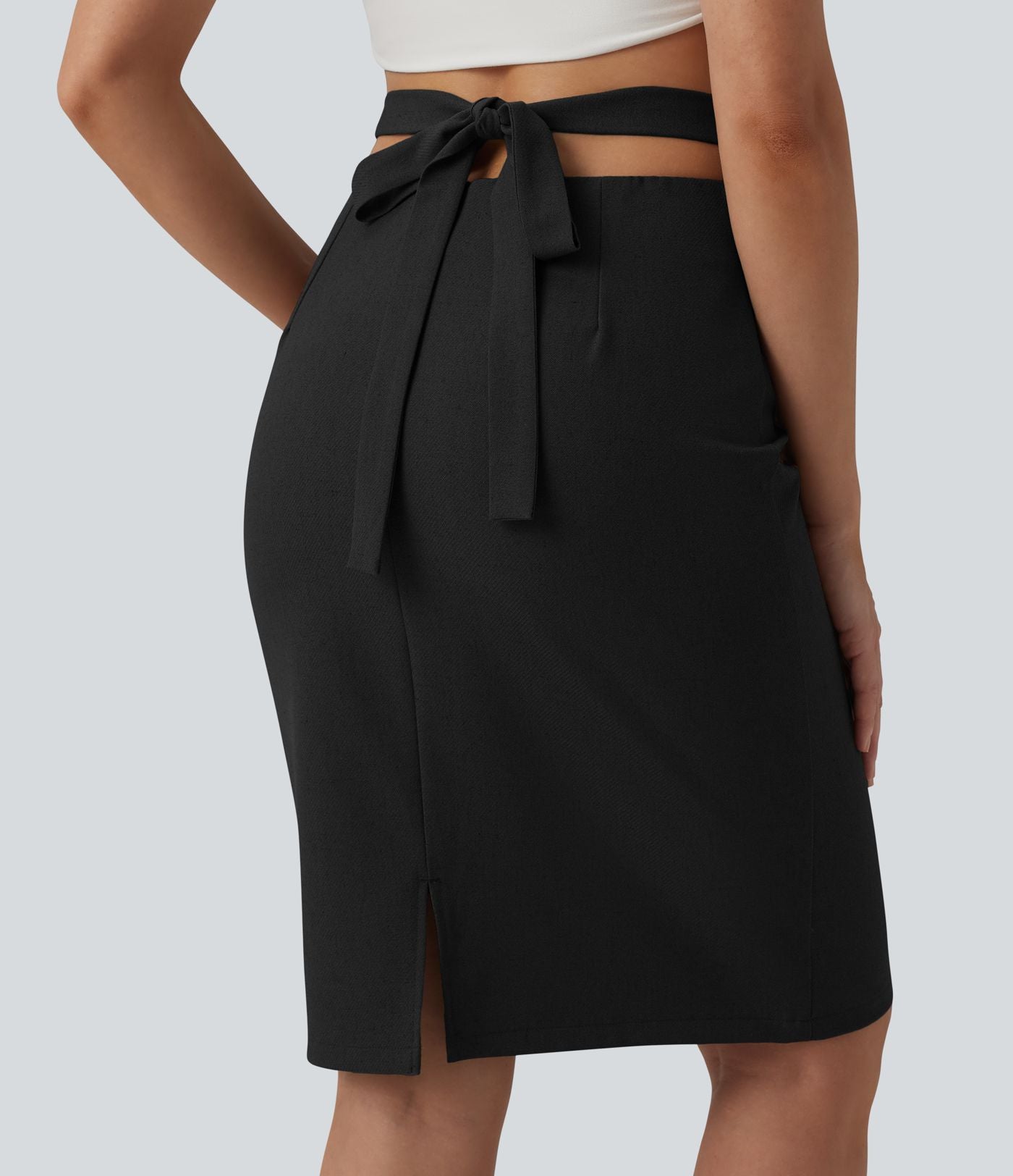 Jupe crayon casual mi-longue taille haute mélange lin à nœud dos