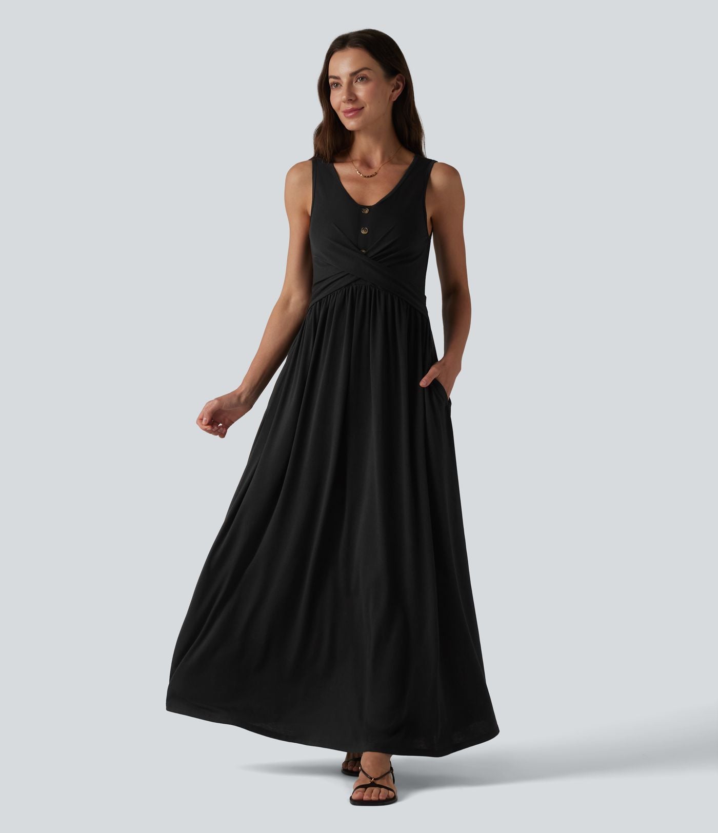 Robe longue fluide décontractée à col en U, sans manches et croisée, avec poches