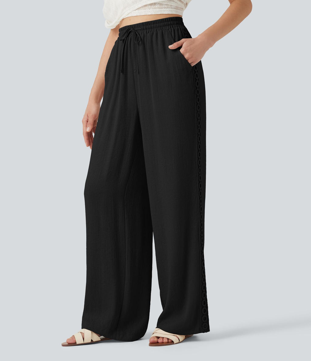 Pantalon décontracté taille haute à cordon de serrage, effet lin, avec poches