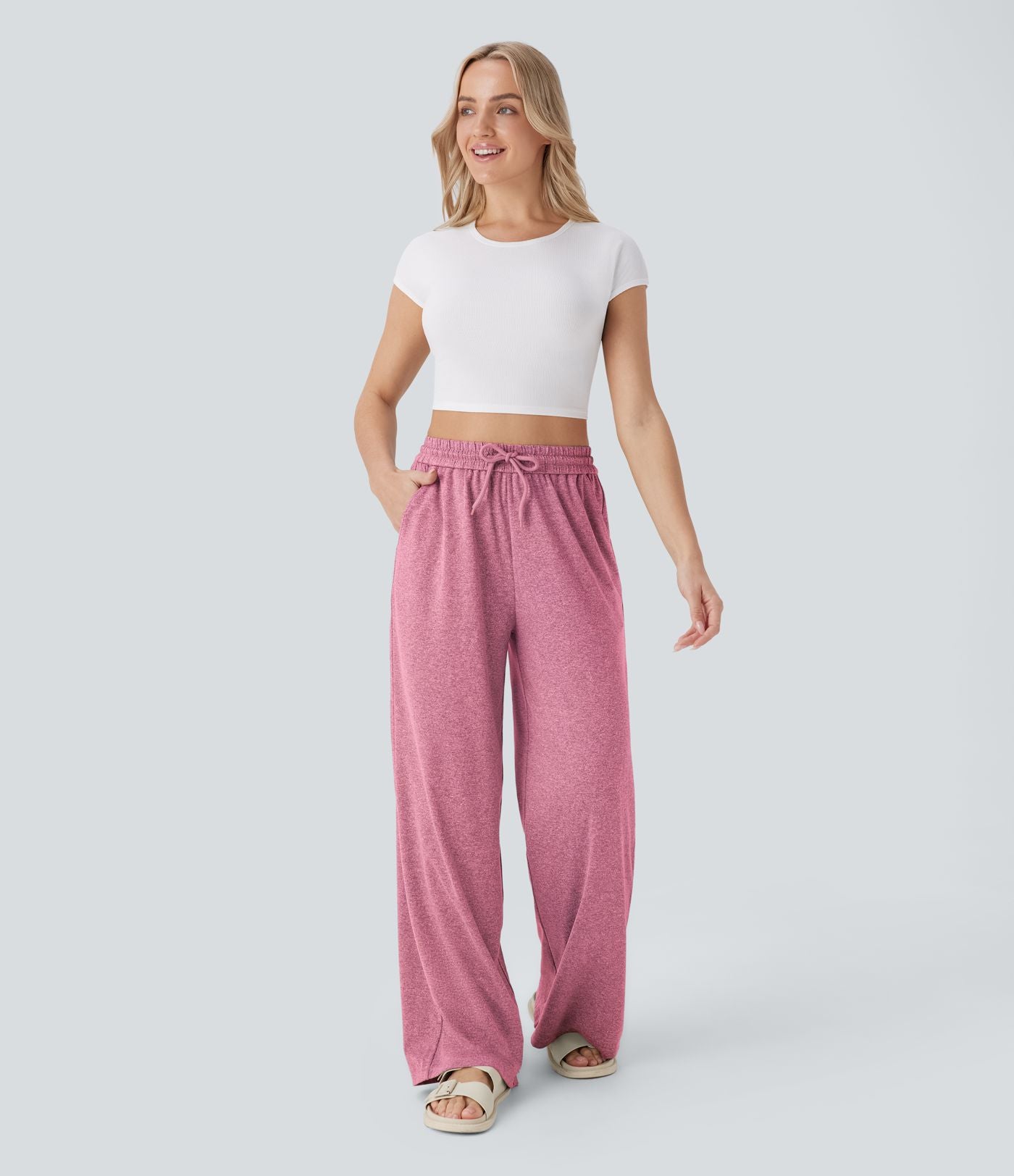 Pantalon large décontracté taille haute avec cordon de serrage et poches latérales