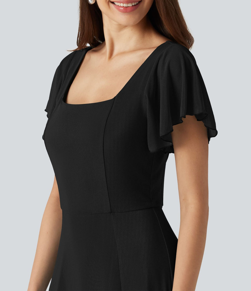 Robe maxi fluide col carré manches courtes soutien-gorge intégré dos noué