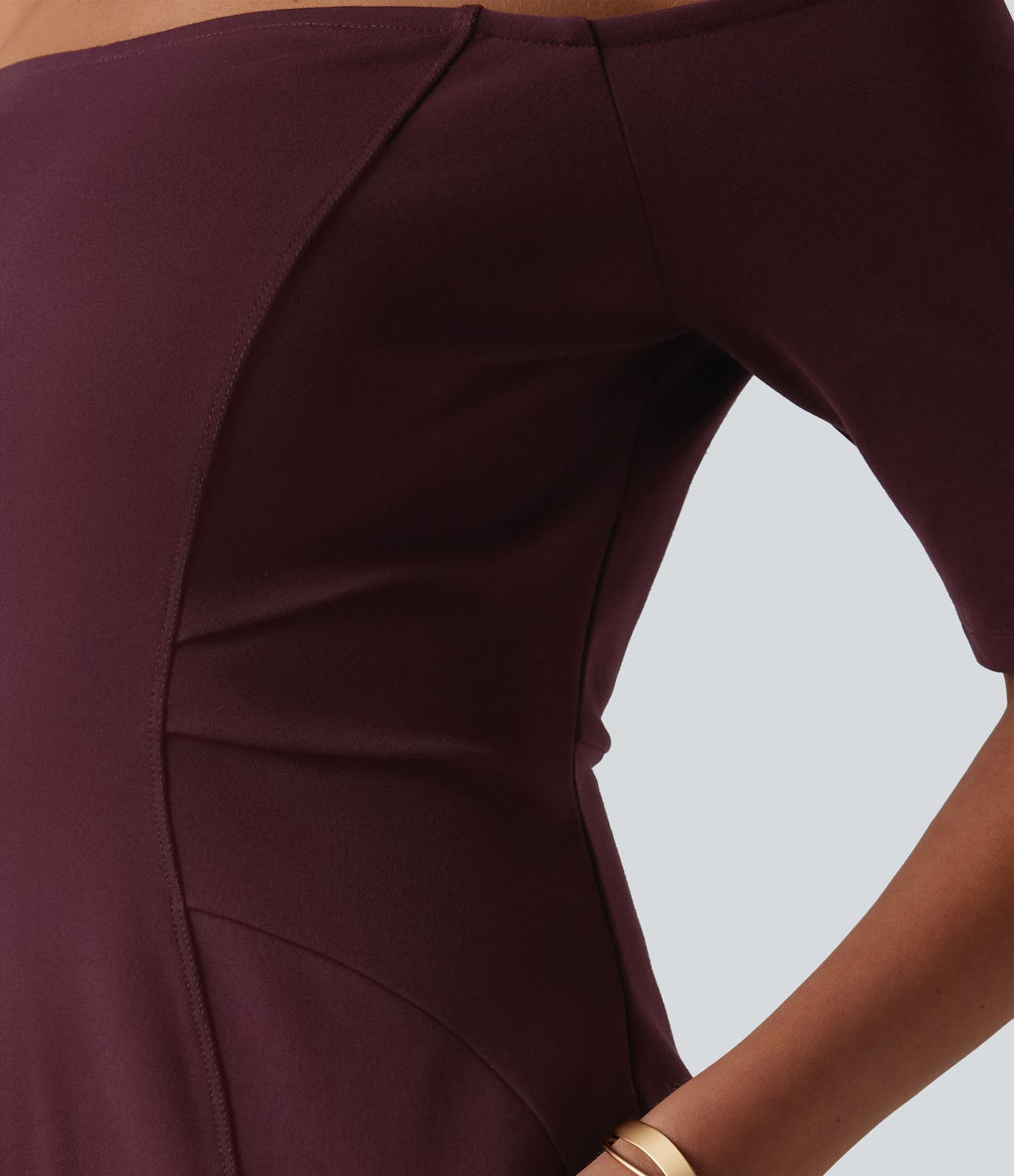 Robe midi moulante épaules dénudées manches courtes