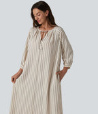 Robe midi casual à rayures aspect lin col V avec nœud, manches 3/4 fendues et poches