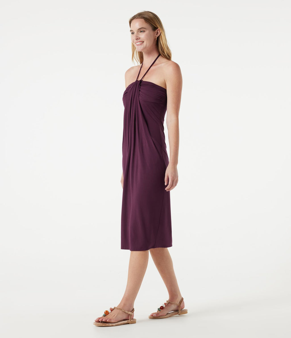 Robe midi dos nu à col halter avec lien noué au dos et poches