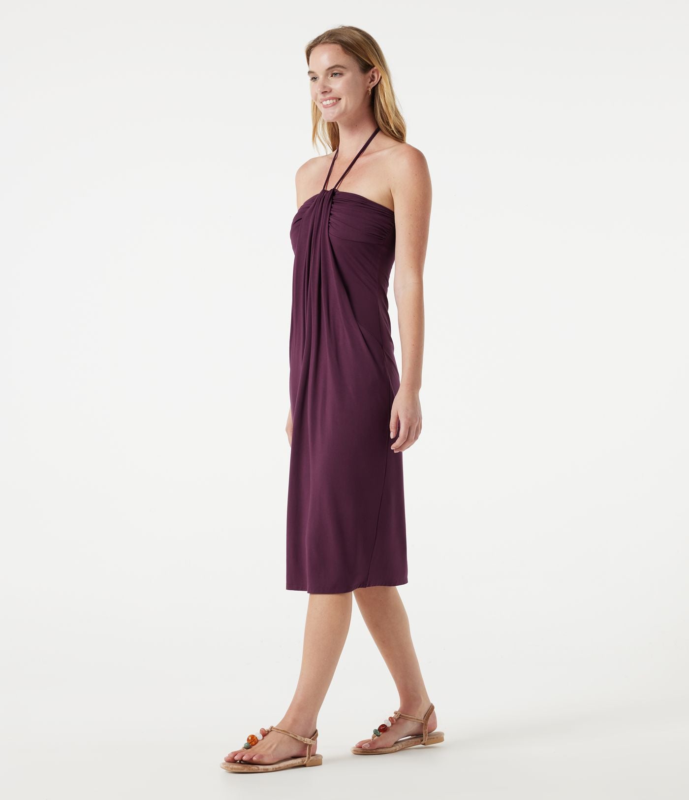 Robe midi dos nu à col halter avec lien noué au dos et poches
