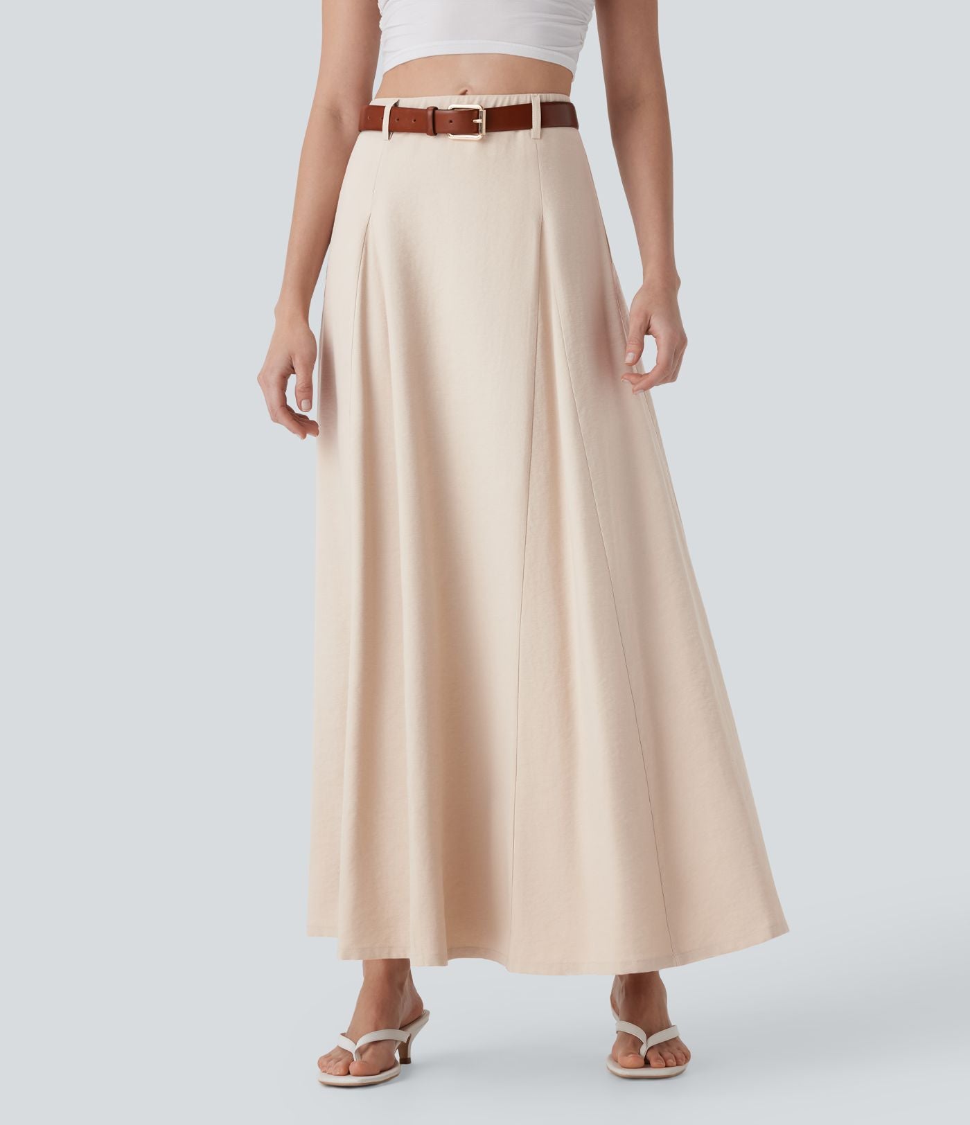 Jupe longue évasée à taille haute avec fermeture éclair invisible, aspect lin