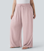 Pantalon décontracté grande taille large fluide taille haute effet lin avec cordon de serrage et poches