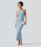 Robe midi moulante en maille côtelée à col halter