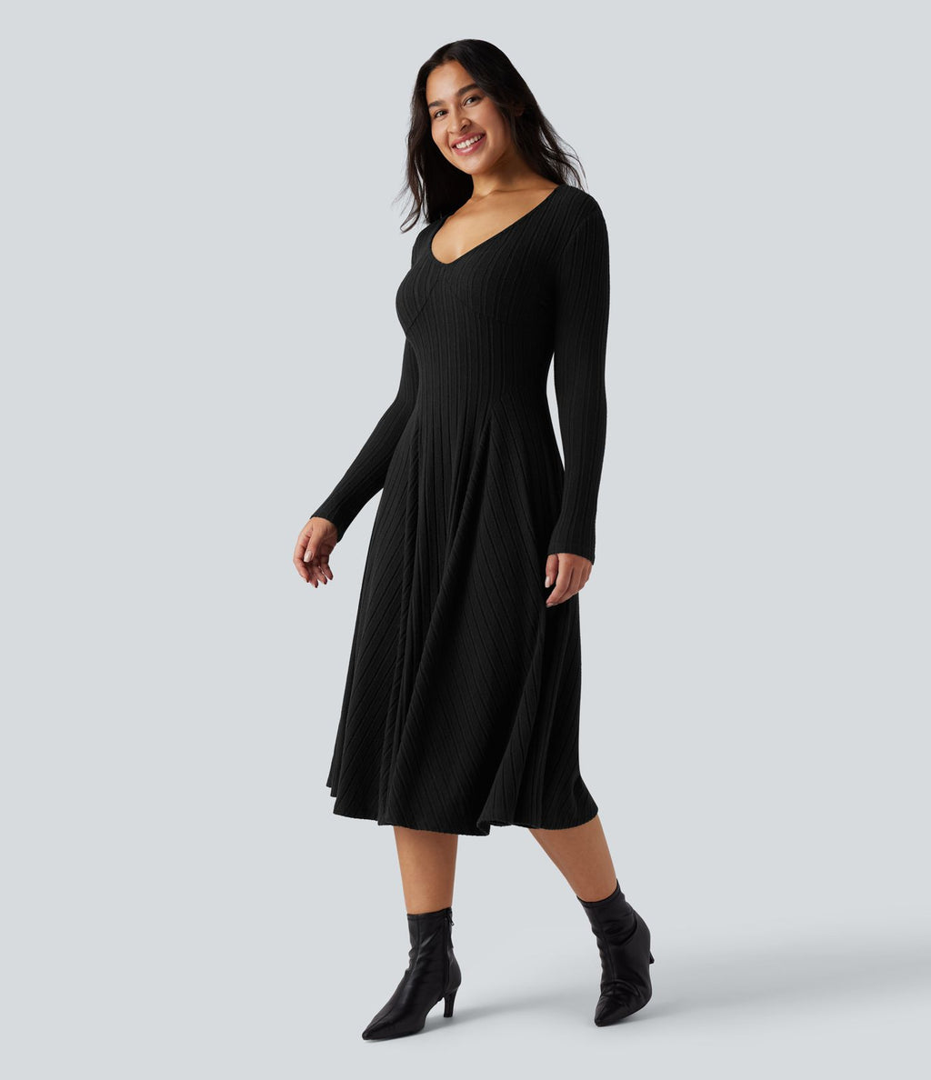 Robe mi-longue évasée maille côtelée à décolleté en V et manches longues