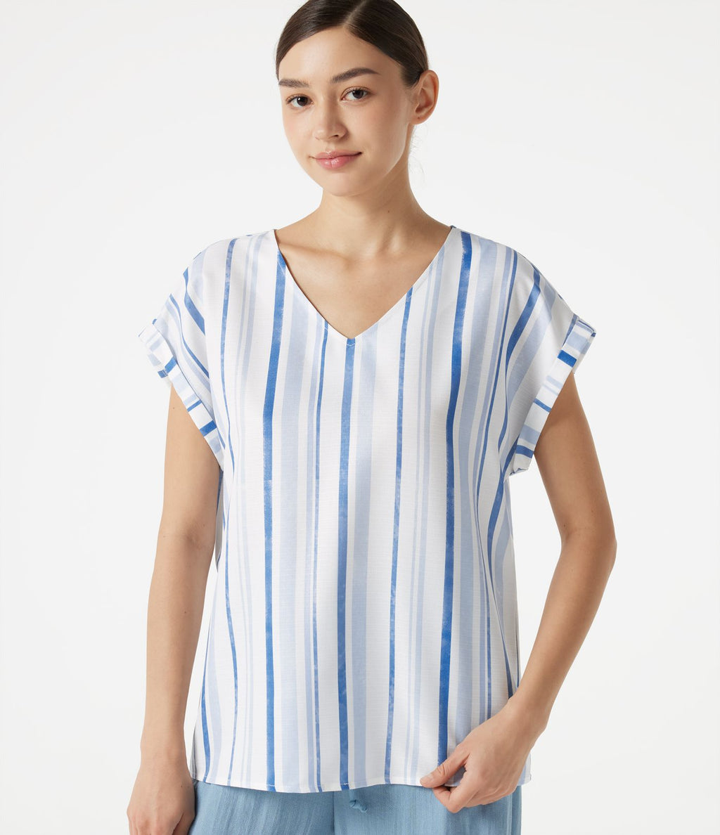 T-shirt casual col V à rayures et [manches cap]