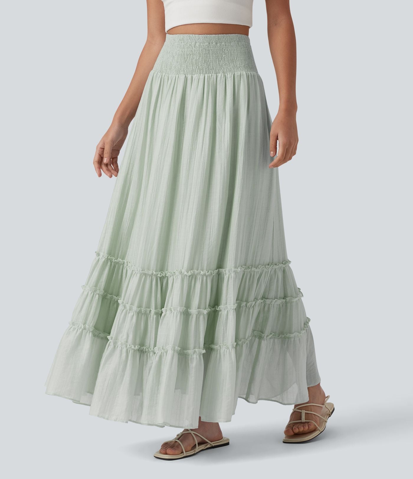 Jupe longue fluide à volants taille haute – Style resort